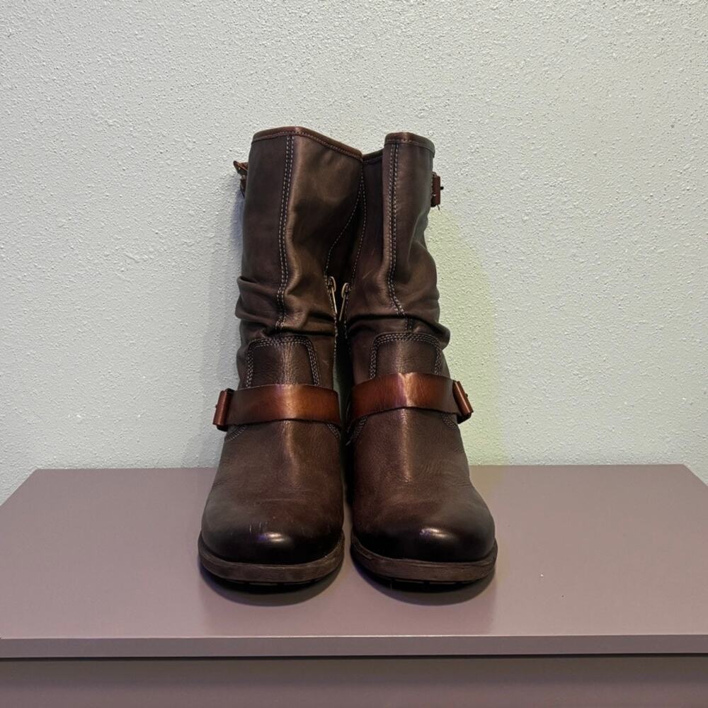 Pikolinos Brown Leather Mid Calf Slouch Le Mans Boots Double Buckle EU 40 US 9 - Picture 2 of 8